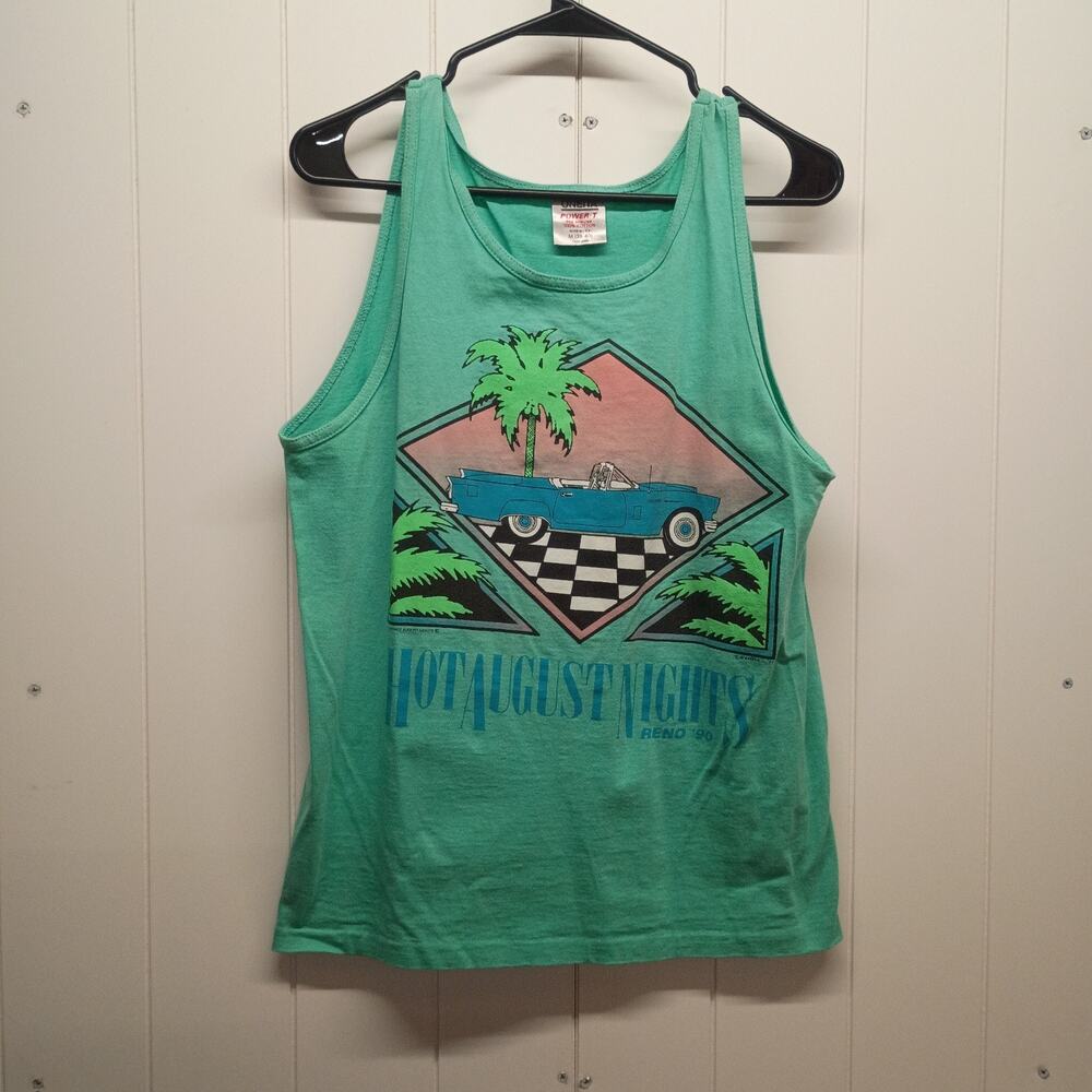 VTG 1990 Hot August Nights Reno Tank Top Shirt Mens M Green Oneita Car Graphic